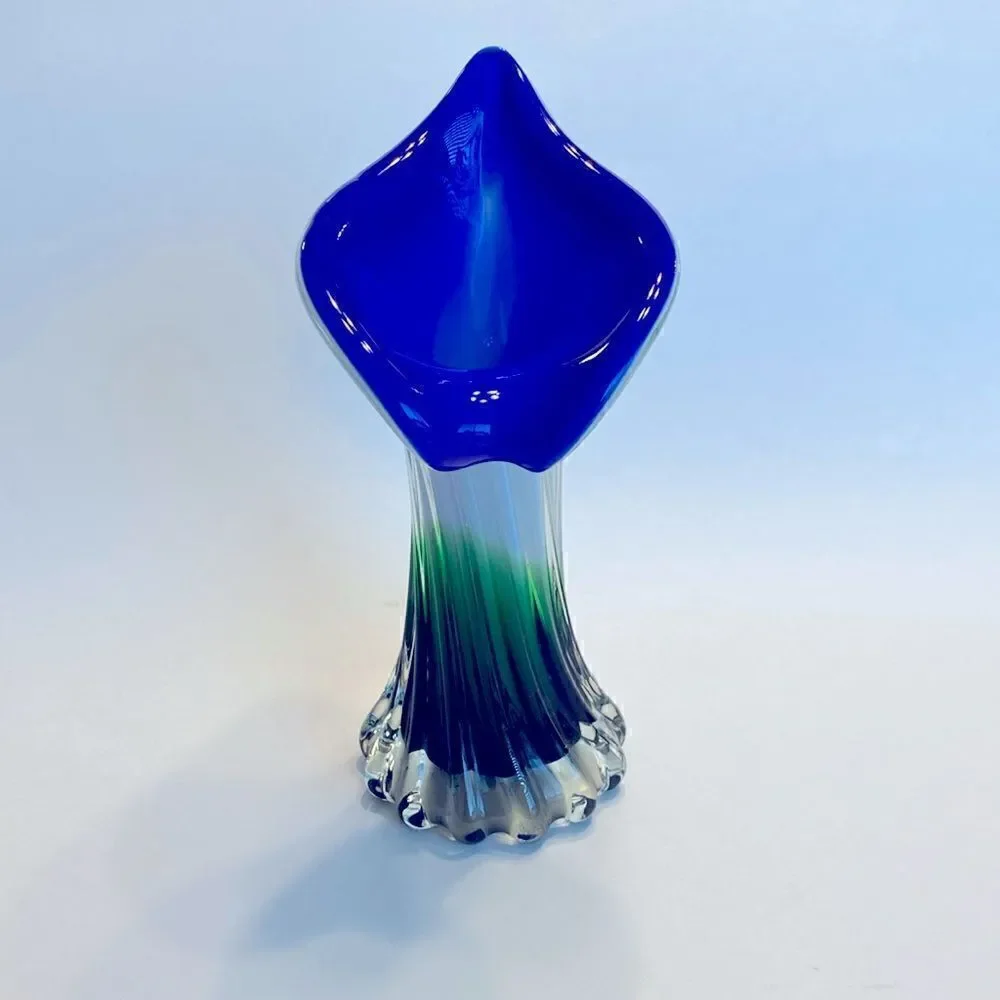 Hand Blown Art Glass Swirled Vase 8” Blue White Green